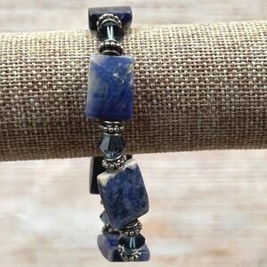 Blue Sodalite Rectangle Slab Beaded Bracelet Magnetic Clasp Silver Tone 7.75in